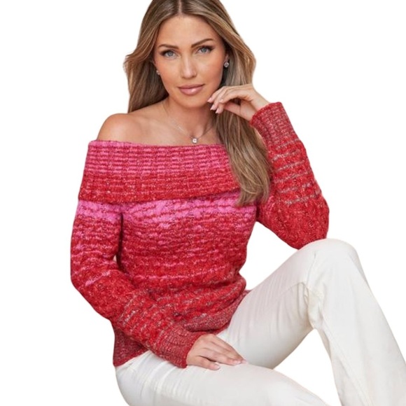 Staud Myrna Off-The-Shoulder Long Sleeve Cable Knit Sweater Cozy Red Pink Size M